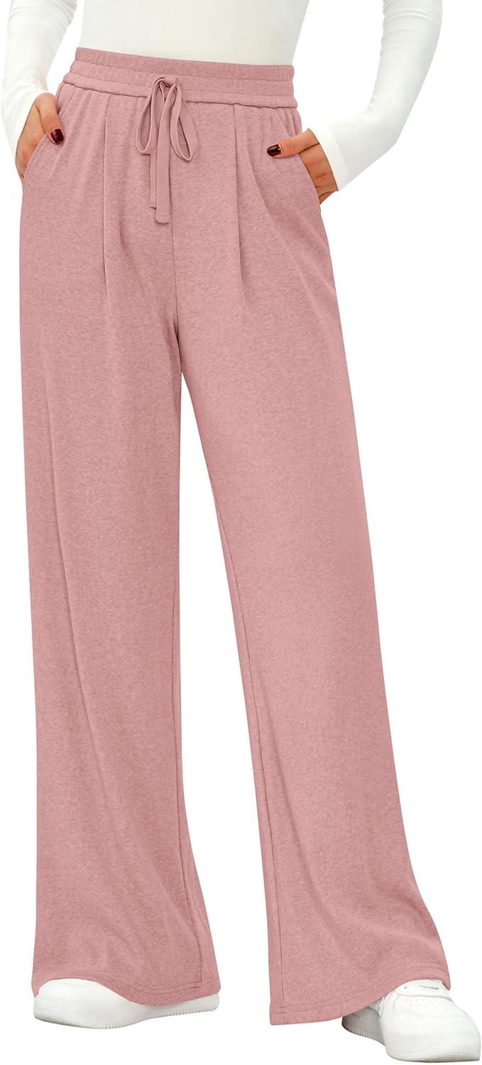 imagePRETTYGARDEN Womens Wide Leg Pants 2025 Fall Elastic High Waisted Knit Casual Lounge Palazzo Pant Trousers with PocketsPink