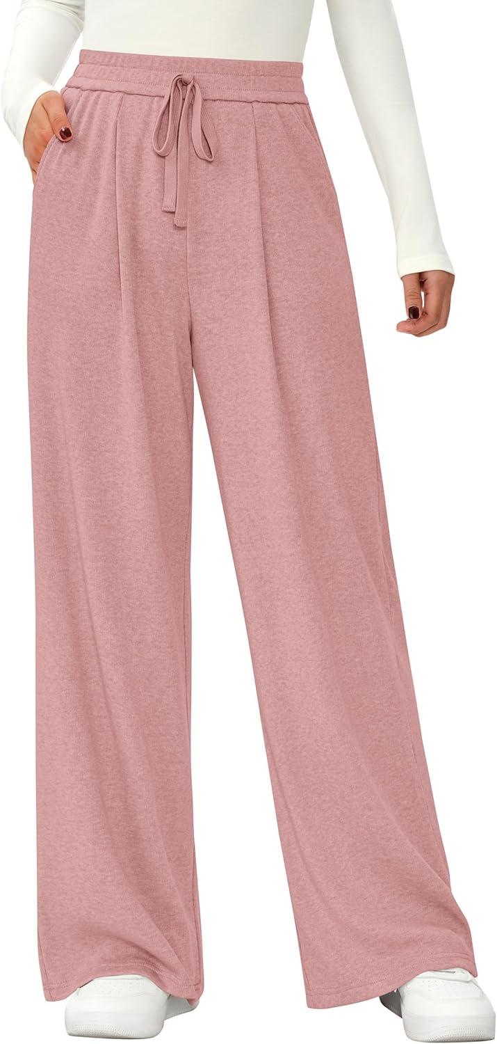 imagePRETTYGARDEN Womens Wide Leg Pants 2025 Fall Elastic High Waisted Knit Casual Lounge Palazzo Pant Trousers with PocketsPink