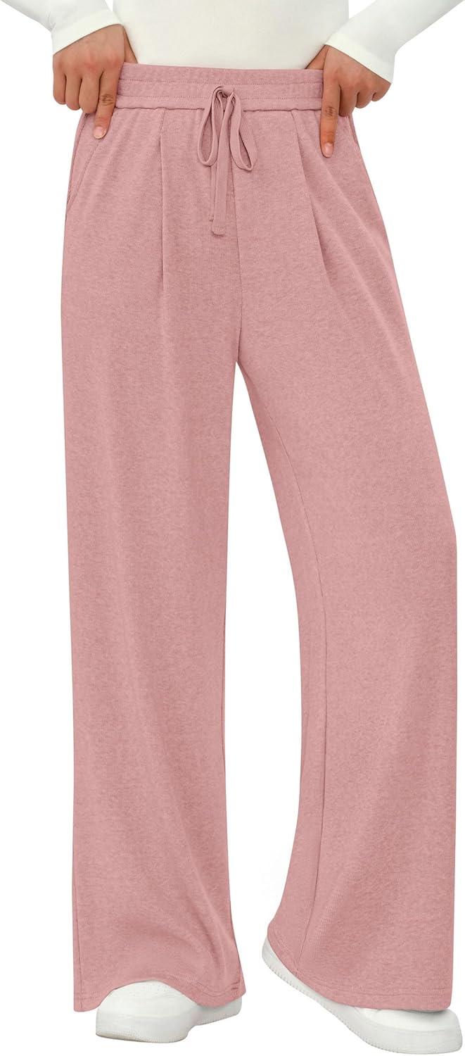imagePRETTYGARDEN Womens Wide Leg Pants 2025 Fall Elastic High Waisted Knit Casual Lounge Palazzo Pant Trousers with PocketsPink