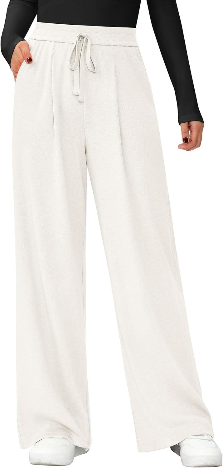 imagePRETTYGARDEN Womens Wide Leg Pants 2025 Fall Elastic High Waisted Knit Casual Lounge Palazzo Pant Trousers with PocketsWhite