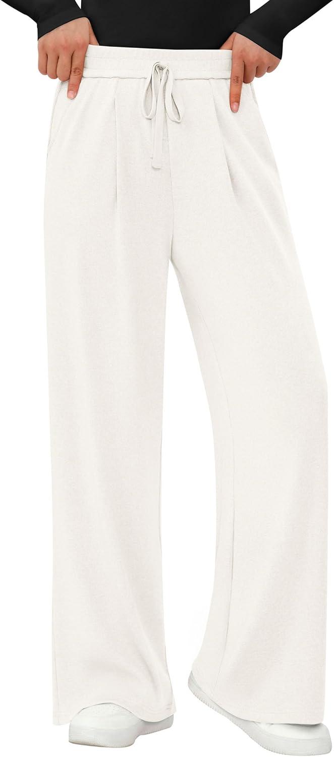 imagePRETTYGARDEN Womens Wide Leg Pants 2025 Fall Elastic High Waisted Knit Casual Lounge Palazzo Pant Trousers with PocketsWhite