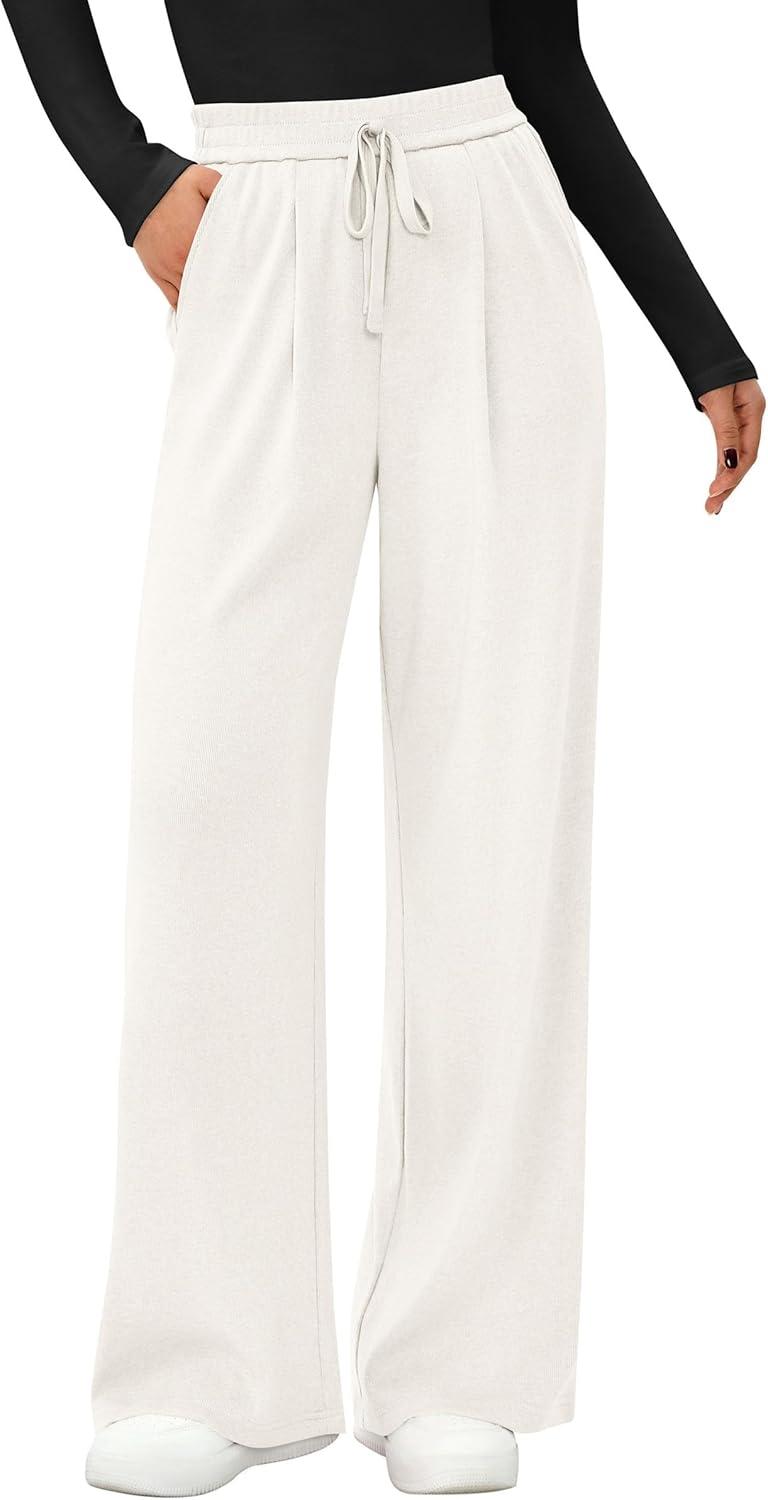 imagePRETTYGARDEN Womens Wide Leg Pants 2025 Fall Elastic High Waisted Knit Casual Lounge Palazzo Pant Trousers with PocketsWhite