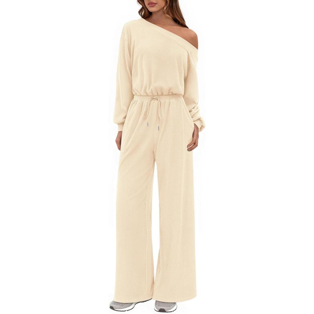 imagePRETTYGARDEN Long Sleeve Jumpsuit For Women Dressy 2025 Off Shoulder One Piece Loose Wide Leg Jumpsuits Casual Flowy RomperApricot