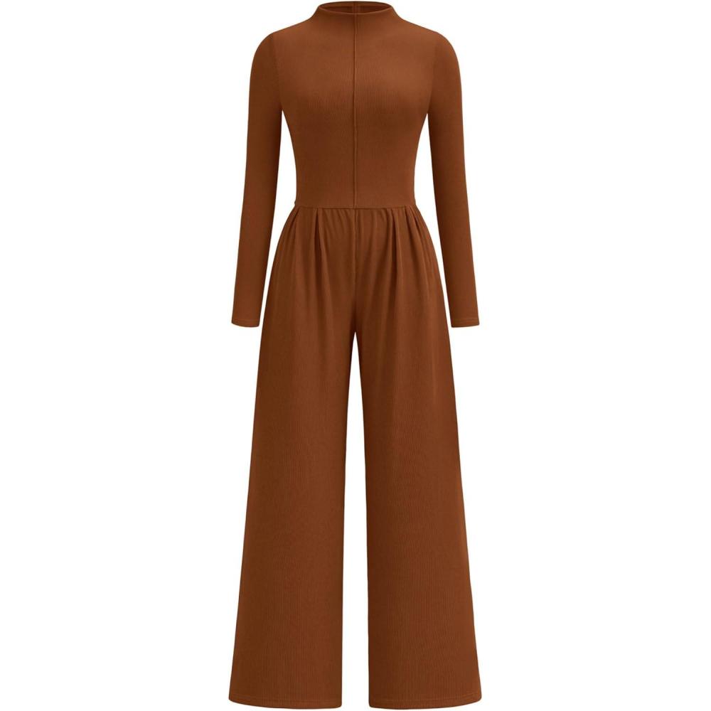 imagePRETTYGARDEN Long Sleeve Jumpsuit for Women 2025 Fall Date Night Rompers Dressy Casual One Piece Mock Neck Jumpsuits PocketsBrown