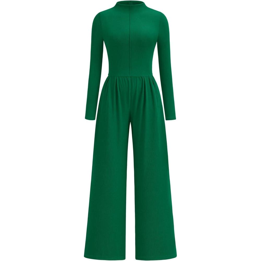 imagePRETTYGARDEN Long Sleeve Jumpsuit for Women 2025 Fall Date Night Rompers Dressy Casual One Piece Mock Neck Jumpsuits PocketsGreen