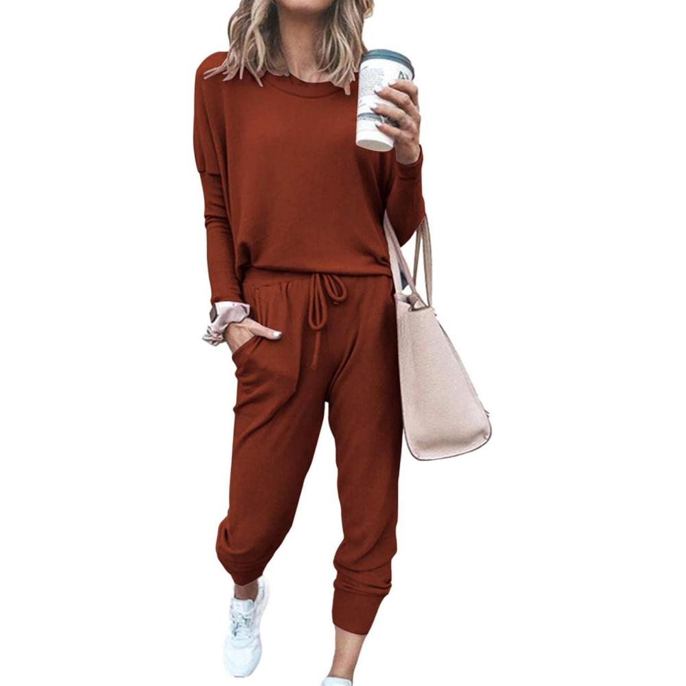 imagePRETTYGARDEN Women Fall 2 Piece Lounge Outfit Long Sleeve Tops High Waisted Jogger Pants Set Spring Travel Clothes TracksuitBrick Red