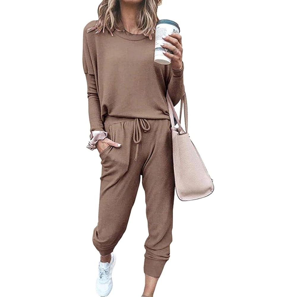 imagePRETTYGARDEN Women Fall 2 Piece Lounge Outfit Long Sleeve Tops High Waisted Jogger Pants Set Spring Travel Clothes TracksuitDark Khaki