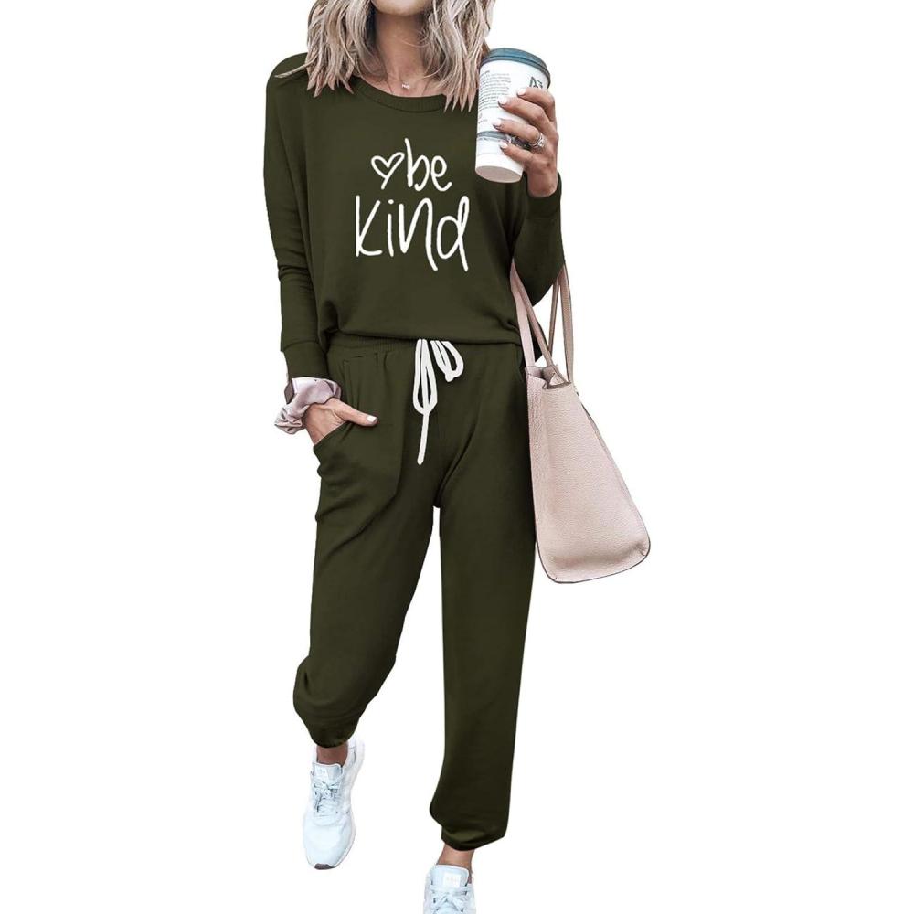 imagePRETTYGARDEN Women Fall 2 Piece Lounge Outfit Long Sleeve Tops High Waisted Jogger Pants Set Spring Travel Clothes TracksuitPatternedarmy Green