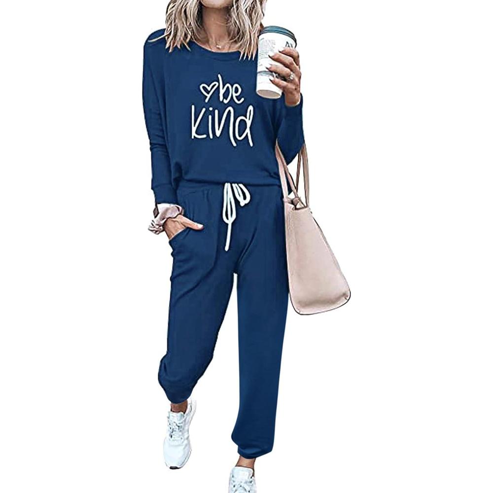 imagePRETTYGARDEN Women Fall 2 Piece Lounge Outfit Long Sleeve Tops High Waisted Jogger Pants Set Spring Travel Clothes TracksuitPatterneddark Blue