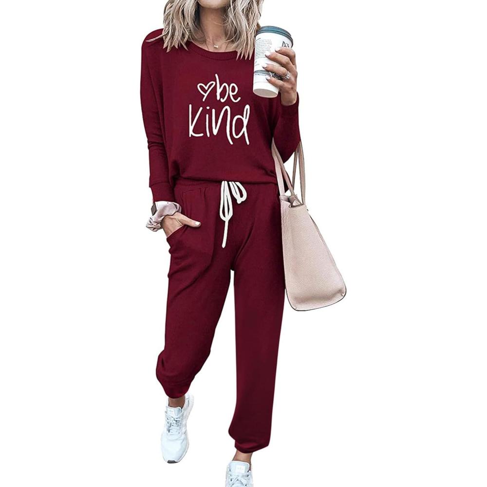 imagePRETTYGARDEN Women Fall 2 Piece Lounge Outfit Long Sleeve Tops High Waisted Jogger Pants Set Spring Travel Clothes TracksuitPatternedwine Red