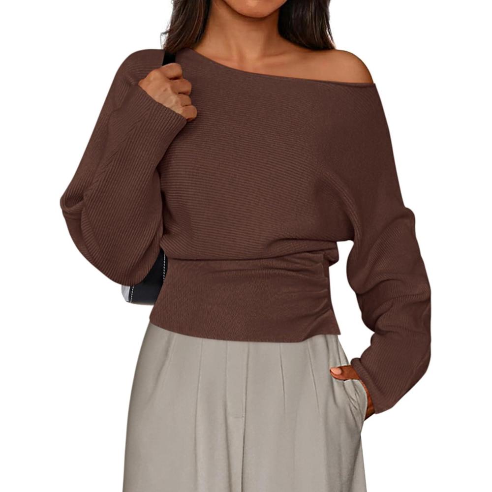 imagePRETTYGARDEN Women Off The Shoulder Sweater 2025 Fall Trendy Long Batwing Sleeve Knit Pullover Going Out Tops Winter ClothingBrown