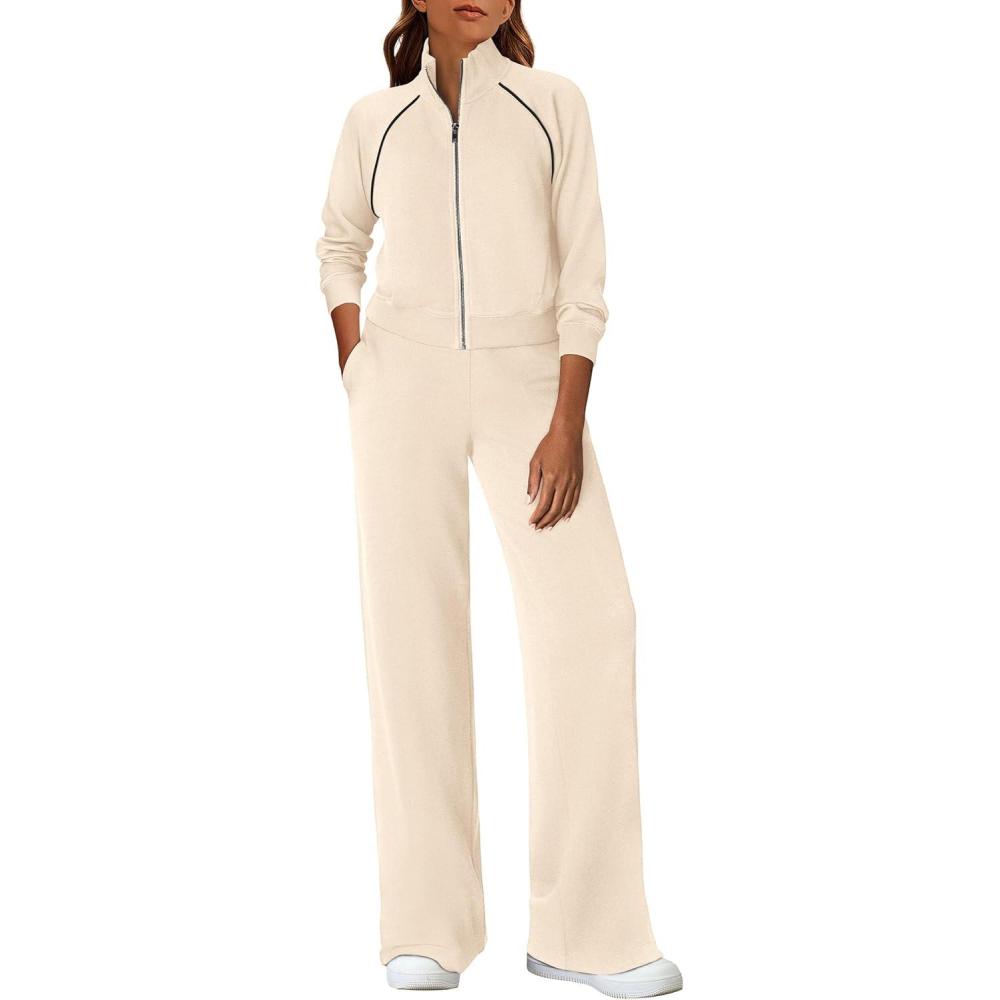 imagePRETTYGARDEN Womens 2 Piece Outfits Sweatsuits 2025 Fall Full Zip Sweatshirts Workout Pants Matching Lounge Sets TracksuitsBeige