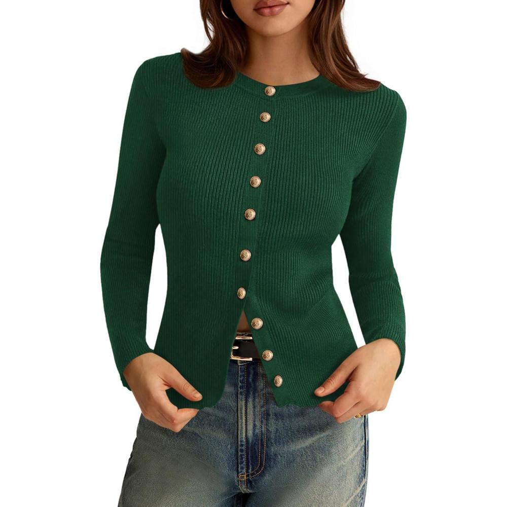imagePRETTYGARDEN Womens 2025 Fall Cardigan Sweaters Lightweight Long Sleeve Button up Ribbed Knit Tops Winter Fashion ClothesDark Green