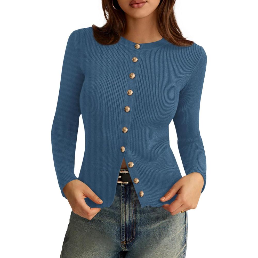 imagePRETTYGARDEN Womens 2025 Fall Cardigan Sweaters Lightweight Long Sleeve Button up Ribbed Knit Tops Winter Fashion ClothesDusty Blue