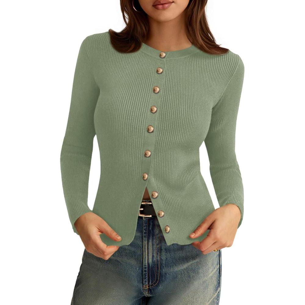 imagePRETTYGARDEN Womens 2025 Fall Cardigan Sweaters Lightweight Long Sleeve Button up Ribbed Knit Tops Winter Fashion ClothesLight Green