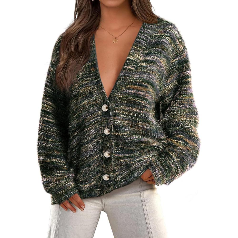 imagePRETTYGARDEN Womens Cardigan Sweaters Fall Fashion 2025 Striped Long Sleeve Button V Neck Knit Fuzzy Outerwear Winter ClothesArmy Green
