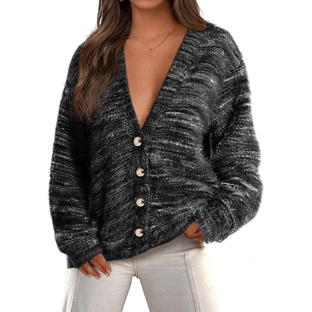 imagePRETTYGARDEN Womens Cardigan Sweaters Fall Fashion 2025 Striped Long Sleeve Button V Neck Knit Fuzzy Outerwear Winter ClothesBlack