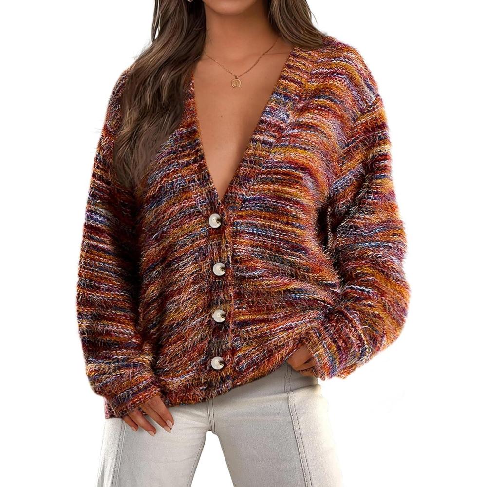 imagePRETTYGARDEN Womens Cardigan Sweaters Fall Fashion 2025 Striped Long Sleeve Button V Neck Knit Fuzzy Outerwear Winter ClothesBurnt Orange