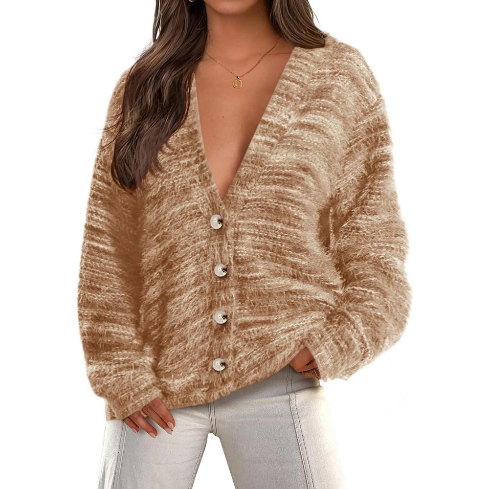 imagePRETTYGARDEN Womens Cardigan Sweaters Fall Fashion 2025 Striped Long Sleeve Button V Neck Knit Fuzzy Outerwear Winter ClothesKhaki