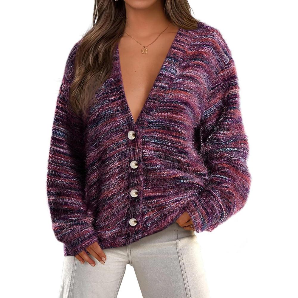 imagePRETTYGARDEN Womens Cardigan Sweaters Fall Fashion 2025 Striped Long Sleeve Button V Neck Knit Fuzzy Outerwear Winter ClothesPurple