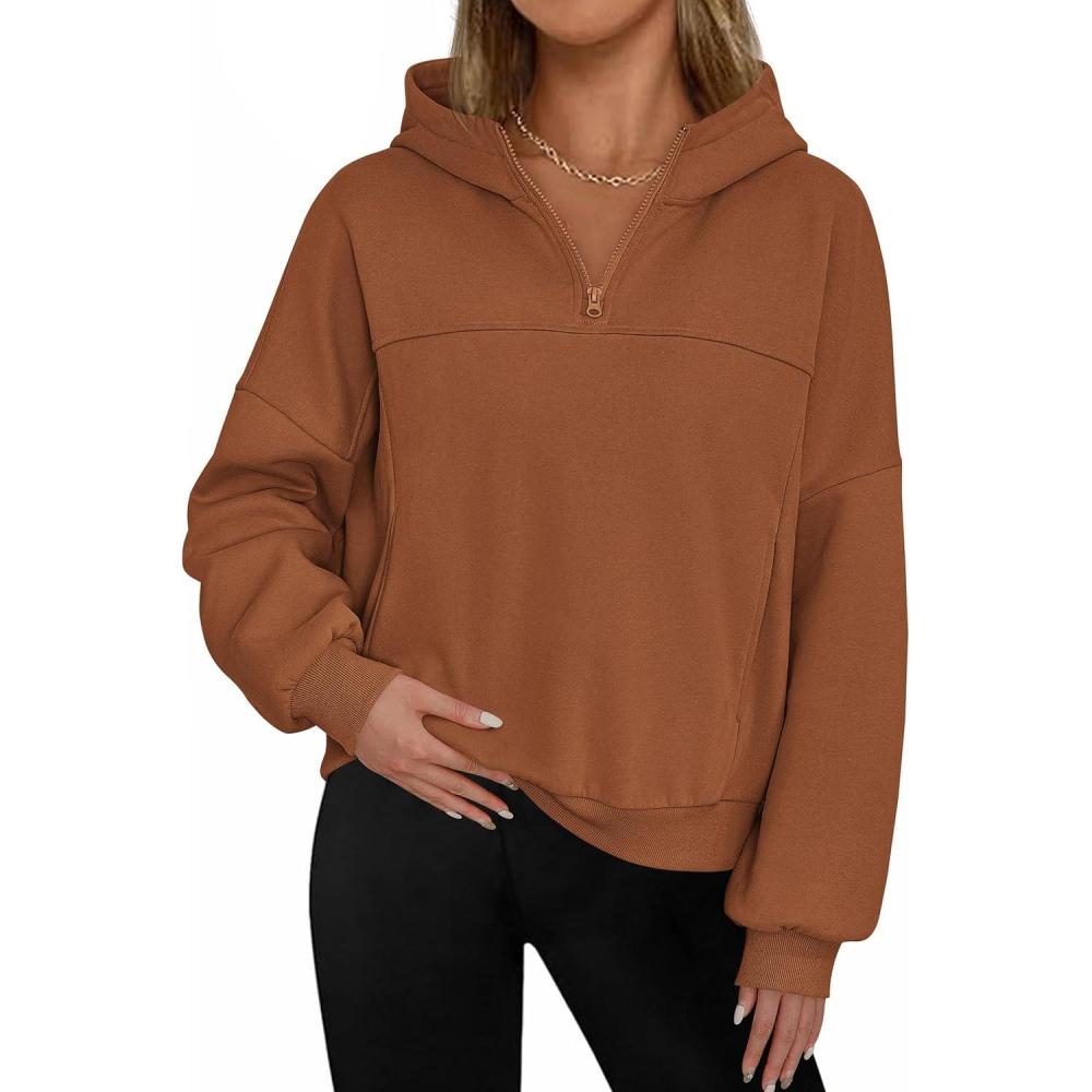 imagePRETTYGARDEN Womens Hoodies Cropped Fleece Sweatshirts 2025 Fall Fashion Quarter Zip Pullover Long Sleeve Tops Winter ClothesBrown