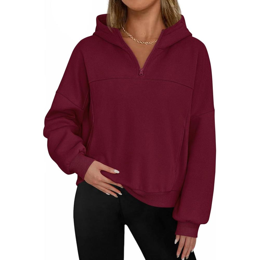 imagePRETTYGARDEN Womens Hoodies Cropped Fleece Sweatshirts 2025 Fall Fashion Quarter Zip Pullover Long Sleeve Tops Winter ClothesBurgundy