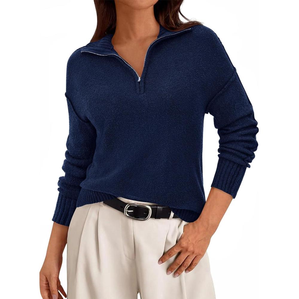 imagePRETTYGARDEN Womens Quarter Zip Pullover V Neck Fall Sweaters 2025 Long Sleeve Tops Collared Business Casual Winter ClothingNavy Blue