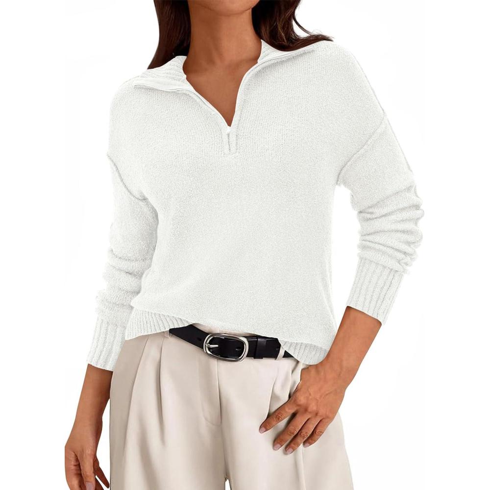 imagePRETTYGARDEN Womens Quarter Zip Pullover V Neck Fall Sweaters 2025 Long Sleeve Tops Collared Business Casual Winter ClothingWhite