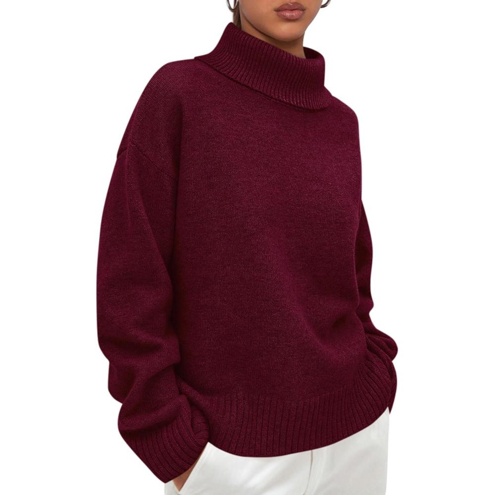 imagePRETTYGARDEN Womens Turtleneck Long Sleeve Sweater 2025 Fall Trendy Loose Fit Casual Tops Chunky Knit Pullover SweatersWine Red