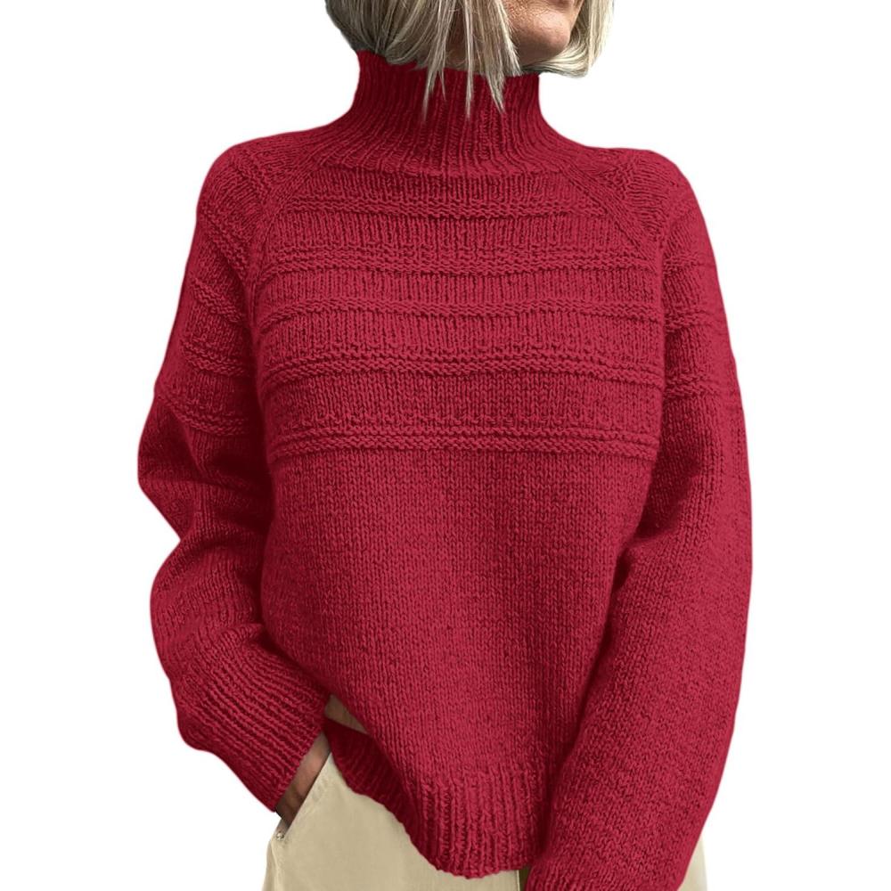 imagePRETTYGARDEN Womens Turtleneck Sweaters 2025 Fall Chunky Knit Pullover Long Sleeve Jumper Tops Trendy Winter ClothesRed