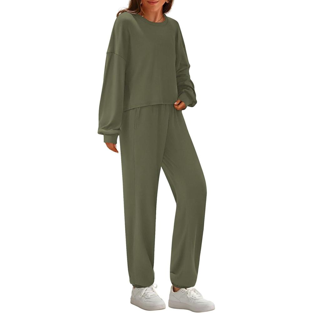 imagePRETTYGARDEN Womens Two Piece Lounge Sets 2025 Fall Airport Outfits Long Sleeve Pullover Tops Sweatpants Matching ClothingArmy Green