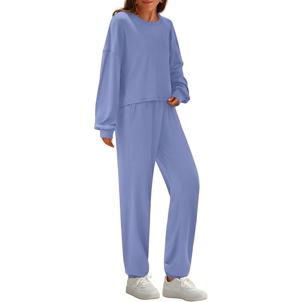 imagePRETTYGARDEN Womens Two Piece Lounge Sets 2025 Fall Airport Outfits Long Sleeve Pullover Tops Sweatpants Matching ClothingBlue