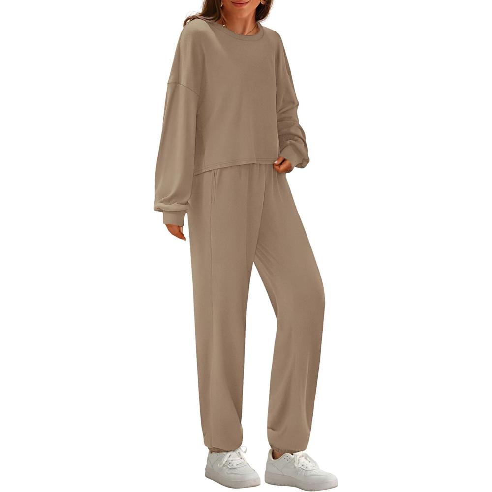 imagePRETTYGARDEN Womens Two Piece Lounge Sets 2025 Fall Airport Outfits Long Sleeve Pullover Tops Sweatpants Matching ClothingKhaki