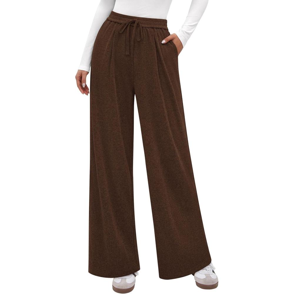 imagePRETTYGARDEN Womens Wide Leg Pants 2025 Fall Elastic High Waisted Knit Casual Lounge Palazzo Pant Trousers with PocketsBrown