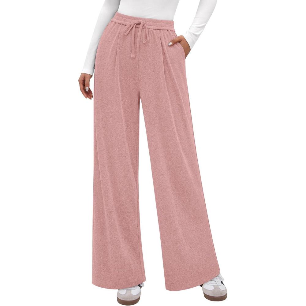imagePRETTYGARDEN Womens Wide Leg Pants 2025 Fall Elastic High Waisted Knit Casual Lounge Palazzo Pant Trousers with PocketsPink
