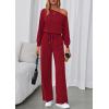 imagePRETTYGARDEN Long Sleeve Jumpsuit For Women Dressy 2025 Off Shoulder One Piece Loose Wide Leg Jumpsuits Casual Flowy RomperWine Red