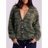 imagePRETTYGARDEN Womens Cardigan Sweaters Fall Fashion 2025 Striped Long Sleeve Button V Neck Knit Fuzzy Outerwear Winter ClothesArmy Green