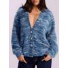 imagePRETTYGARDEN Womens Cardigan Sweaters Fall Fashion 2025 Striped Long Sleeve Button V Neck Knit Fuzzy Outerwear Winter ClothesBlue