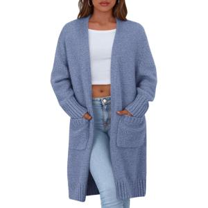 imagePRETTYGARDEN Fall Long Sleeve Cardigan Sweaters for Women 2025 Trendy Winter Open Front Loose Knitted Cardigans with PocketsGrey Blue