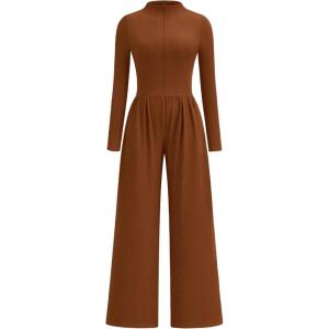 imagePRETTYGARDEN Long Sleeve Jumpsuit for Women 2025 Fall Date Night Rompers Dressy Casual One Piece Mock Neck Jumpsuits PocketsBrown