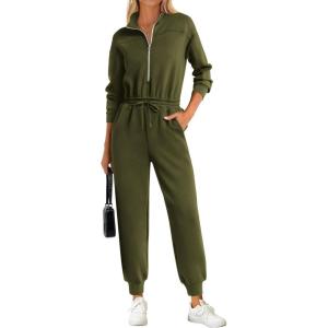 imagePRETTYGARDEN Long Sleeve Jumpsuits for Women Casual 2025 Fall Fashion Zip Up Pant Rompers One Piece Sweatsuits Travel OutfitsArmy Green