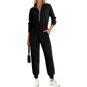 imagePRETTYGARDEN Long Sleeve Jumpsuits for Women Casual 2025 Fall Fashion Zip Up Pant Rompers One Piece Sweatsuits Travel OutfitsBlack
