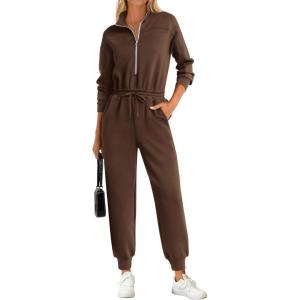 imagePRETTYGARDEN Long Sleeve Jumpsuits for Women Casual 2025 Fall Fashion Zip Up Pant Rompers One Piece Sweatsuits Travel OutfitsBrown