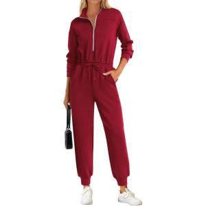 imagePRETTYGARDEN Long Sleeve Jumpsuits for Women Casual 2025 Fall Fashion Zip Up Pant Rompers One Piece Sweatsuits Travel OutfitsBurgundy