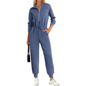 imagePRETTYGARDEN Long Sleeve Jumpsuits for Women Casual 2025 Fall Fashion Zip Up Pant Rompers One Piece Sweatsuits Travel OutfitsDusty Blue