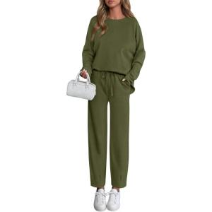 imagePRETTYGARDEN Womens 2 Piece Matching Lounge Sets 2025 Fall Long Sleeve Boatneck Sweatsuit Drawstring Sweatpants PocketsArmy Green