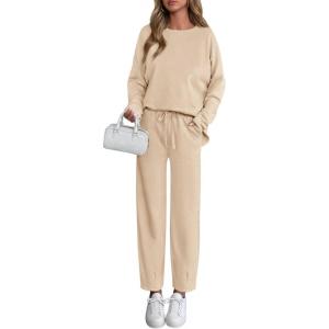 imagePRETTYGARDEN Womens 2 Piece Matching Lounge Sets 2025 Fall Long Sleeve Boatneck Sweatsuit Drawstring Sweatpants PocketsBeige