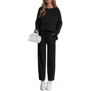 imagePRETTYGARDEN Womens 2 Piece Matching Lounge Sets 2025 Fall Long Sleeve Boatneck Sweatsuit Drawstring Sweatpants PocketsBlack