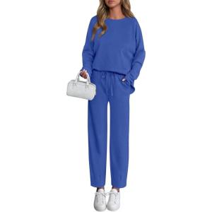 imagePRETTYGARDEN Womens 2 Piece Matching Lounge Sets 2025 Fall Long Sleeve Boatneck Sweatsuit Drawstring Sweatpants PocketsBlue