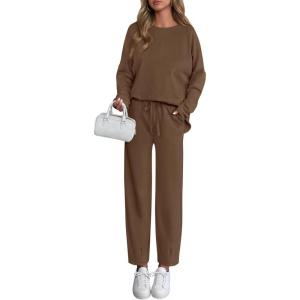 imagePRETTYGARDEN Womens 2 Piece Matching Lounge Sets 2025 Fall Long Sleeve Boatneck Sweatsuit Drawstring Sweatpants PocketsBrown